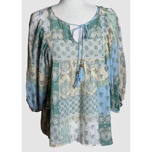 Patchwork Boho Top Aqua Gauze Balloon Sleeves Ethereal Cottage Fairy Coastal S